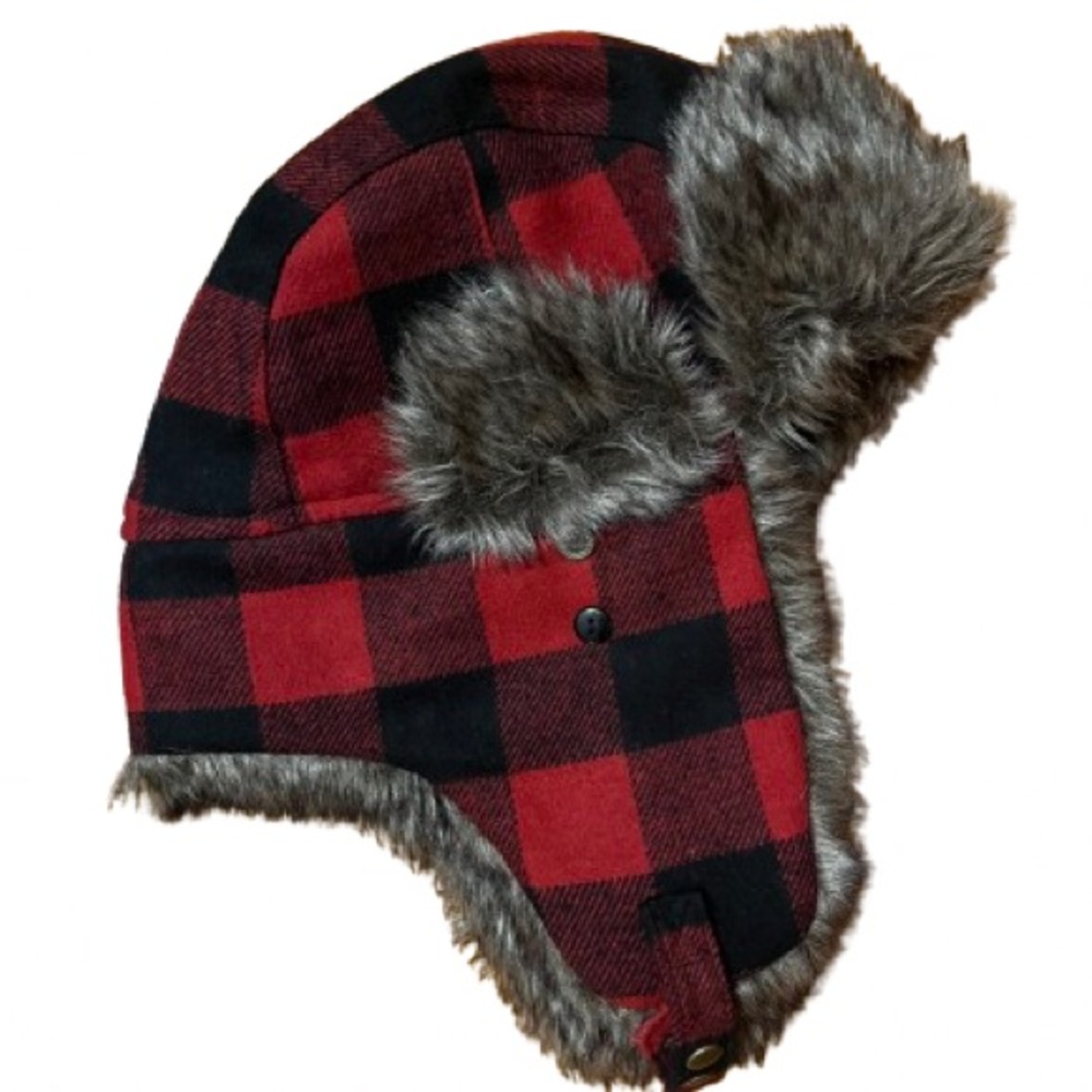 Swiss Tech Red & Black Buffalo Plaid Faux Fur Trapper Hat One Size